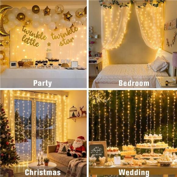 300 LED Remote Control Christmas Curtain Lights, Plug in Fairy Curtain - Picture 3 of 7